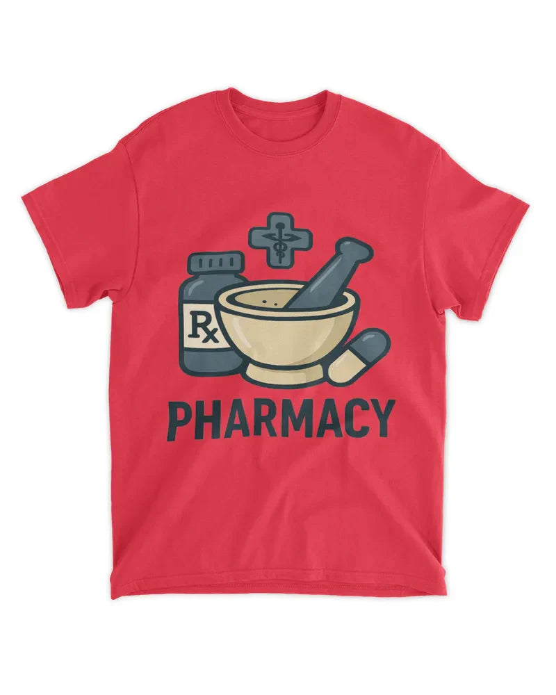 Unisex standard t-shirt in red with pharmacy design, 100% cotton or cotton blend, preshrunk, comfortable fit