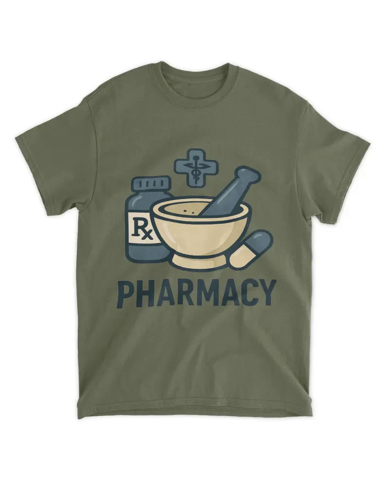 Unisex standard t-shirt with pharmacy graphic print, 100% preshrunk cotton, seamless collar, and taped shoulders