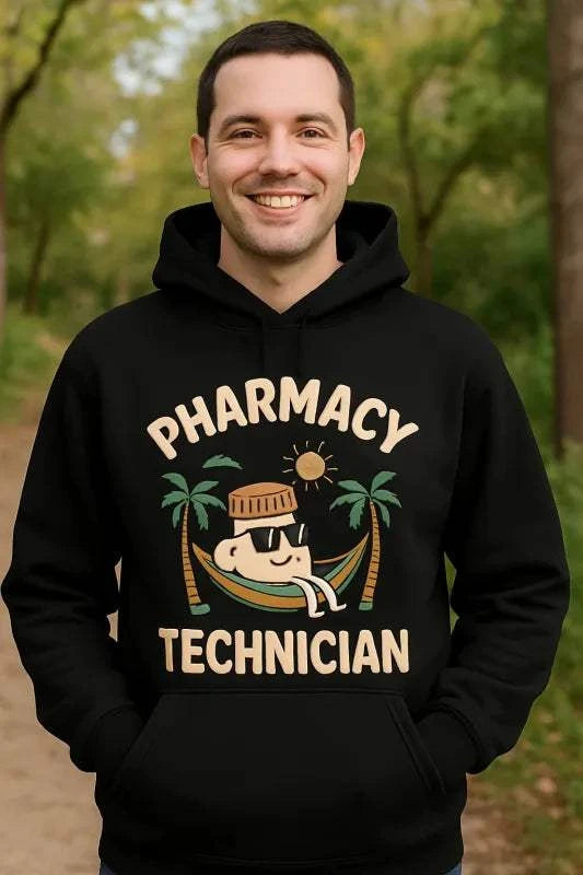 Unisex black Pharmacy Technician Hoodie with cartoon print and pouch pocket worn outdoors