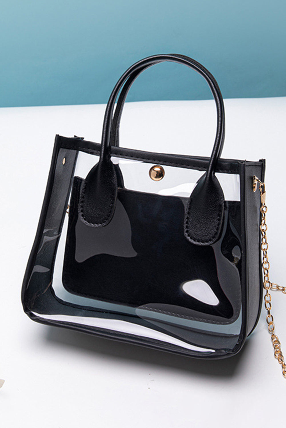 Transparent chestnut PVC PU leather patchwork shoulder bag with chain strap and spacious design