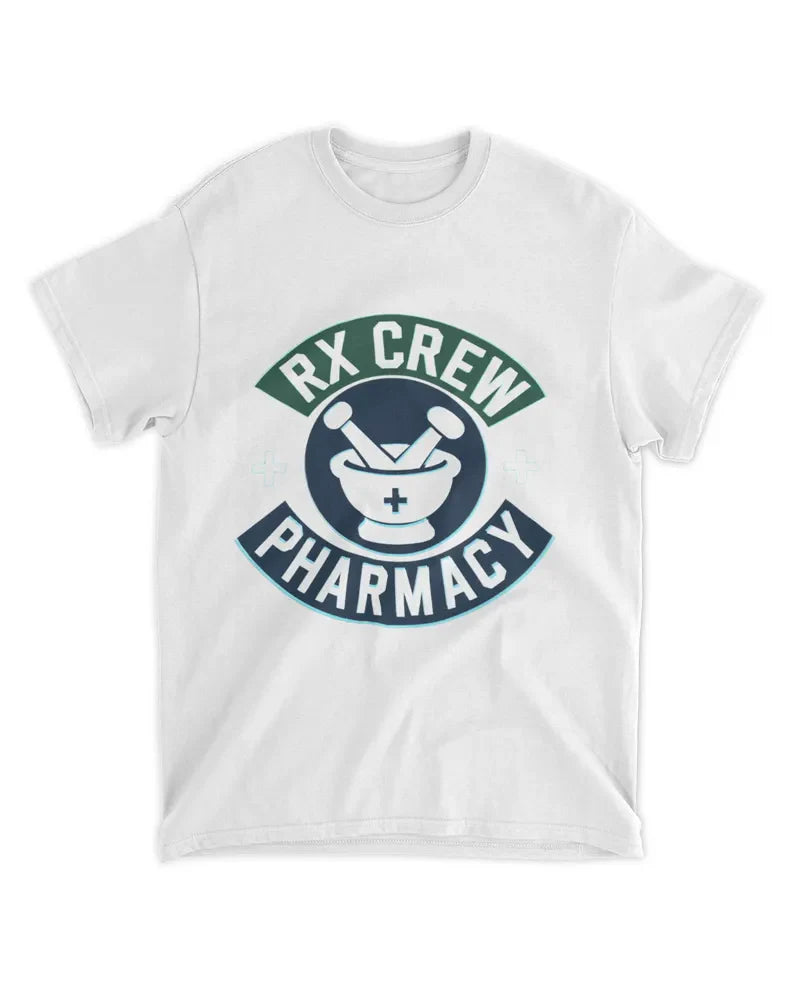 White unisex standard t-shirt with RX Crew Pharmacy logo, preshrunk cotton fabric, seamless collar, and twin needle hems