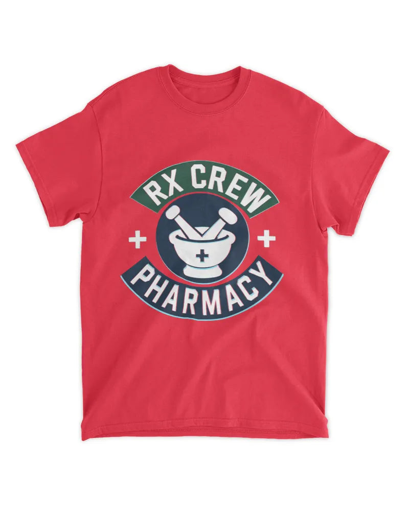 Unisex standard t-shirt in red with RX Crew Pharmacy graphic print, preshrunk cotton blend, seamless collar, and twin needle hems