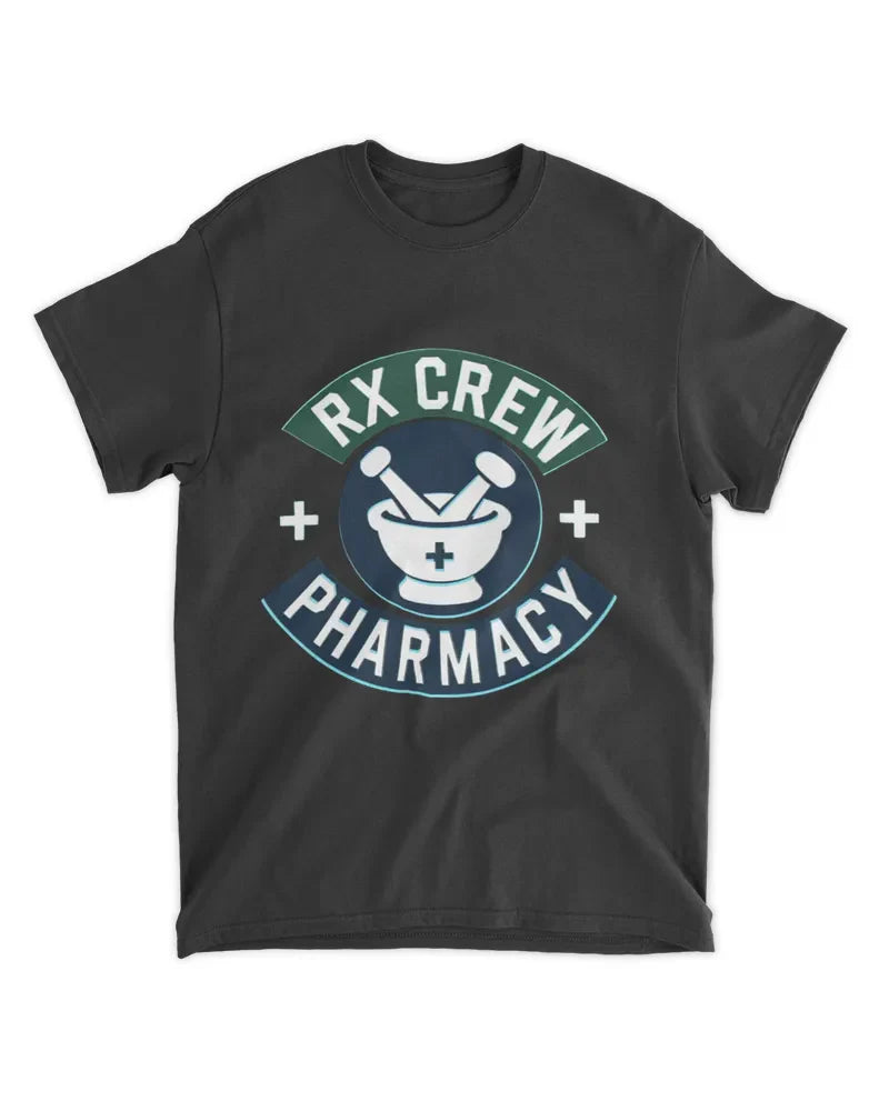 Unisex Standard T-Shirt black with RX Crew Pharmacy logo, preshrunk cotton blend, comfortable fit