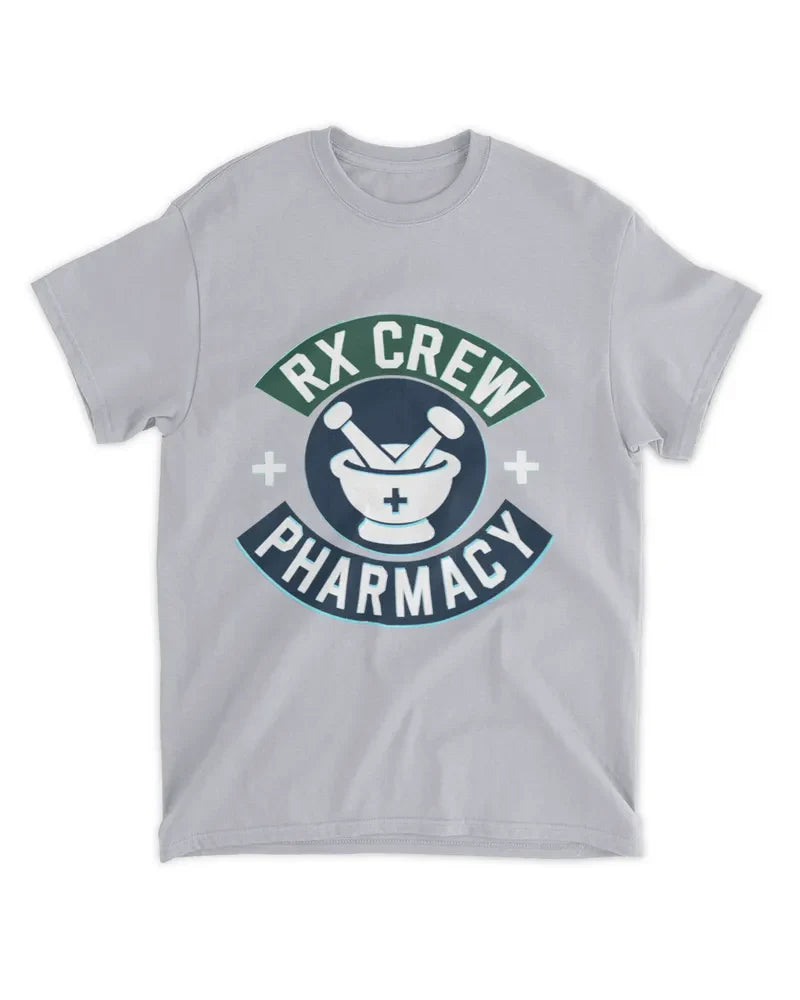 Unisex standard t-shirt in light grey with RX Crew Pharmacy logo and comfortable cotton blend design