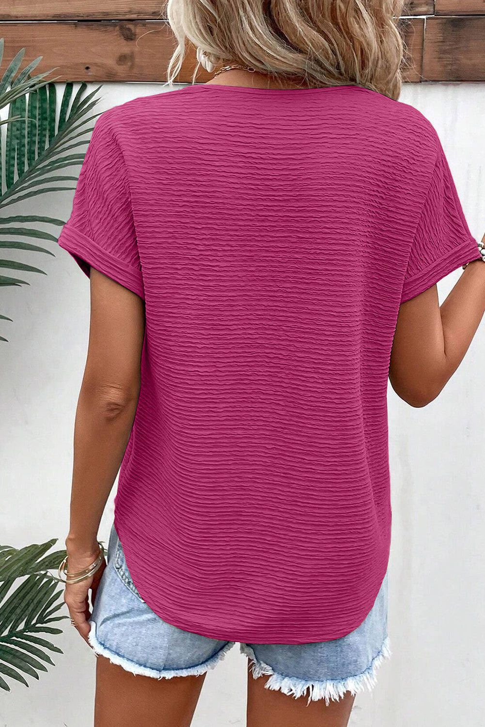 Beau Blue textured wide sleeve V neck t shirt with relaxed fit and stylish fabric
