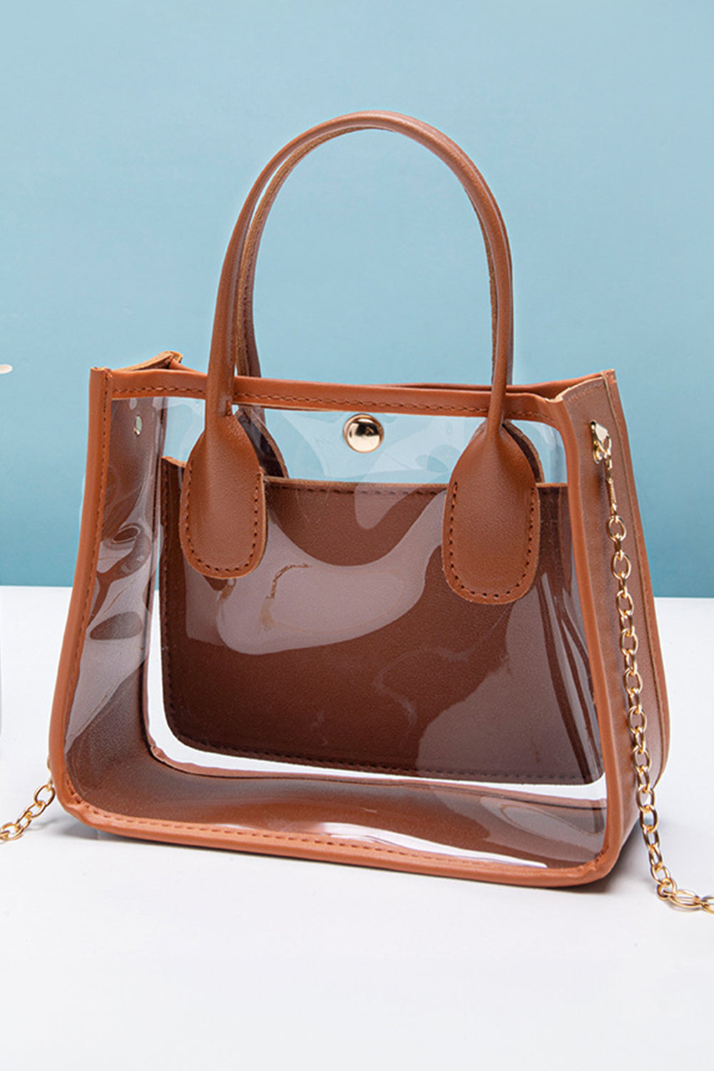 Chestnut PVC PU leather patchwork transparent shoulder bag with chain strap and spacious design