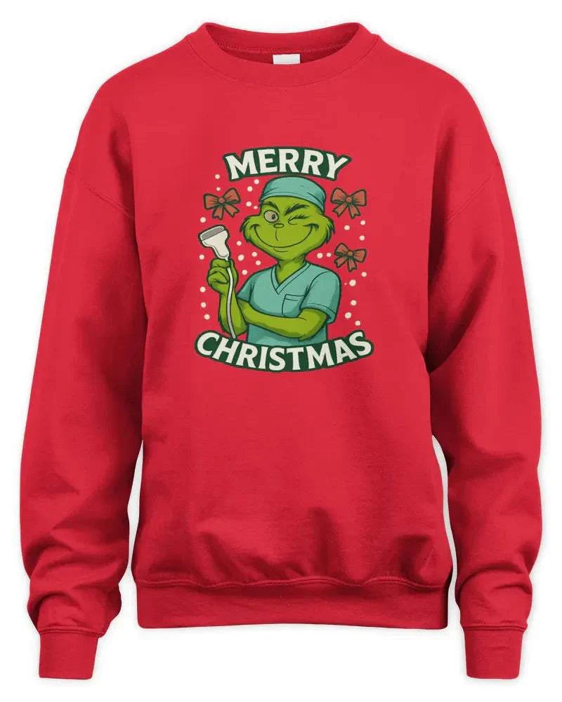 Red unisex sweatshirt with Merry Christmas Grinch graphic and ribbed cuffs and waistband