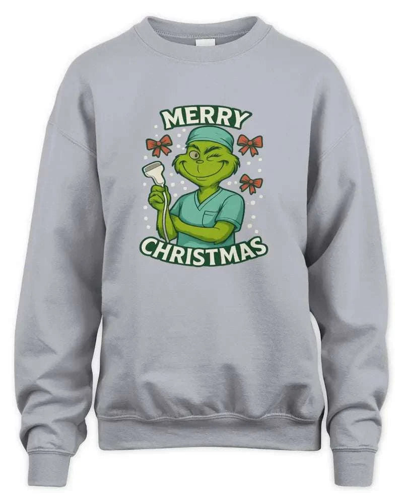 Unisex sweatshirt with Merry Christmas Grinch graphic, soft preshrunk fleece and double-needle stitching
