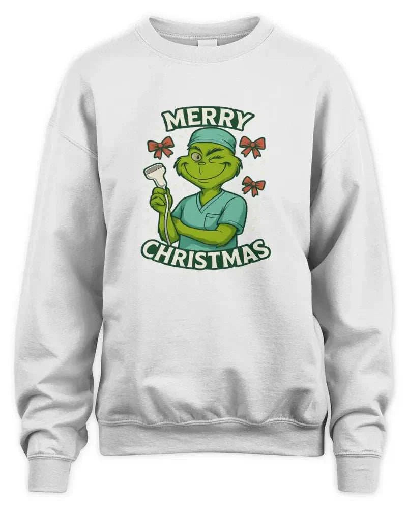 Unisex sweatshirt with Merry Christmas Grinch design, soft preshrunk fleece knit and durable double-needle stitching