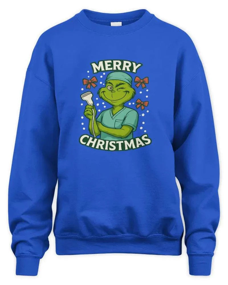 Blue unisex sweatshirt with Merry Christmas Grinch graphic and ribbed cuffs