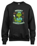 Unisex black sweatshirt with holiday-themed Grinch graphic and Merry Christmas text
