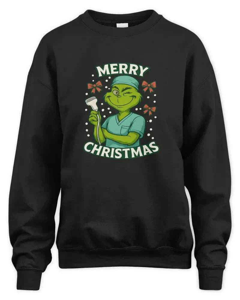 Unisex black sweatshirt with holiday-themed Grinch graphic and Merry Christmas text
