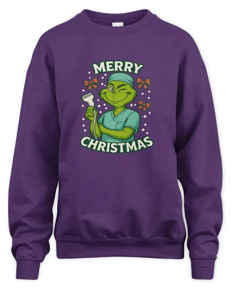 Purple unisex sweatshirt with Merry Christmas Grinch graphic design