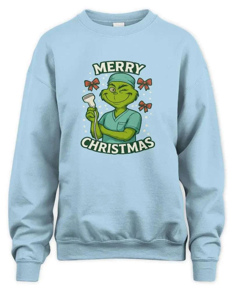 Light blue unisex sweatshirt with Merry Christmas Grinch graphic and ribbed cuffs and waistband