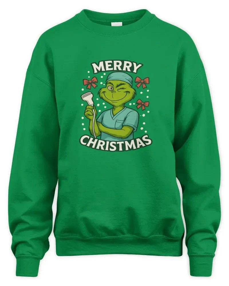 Green unisex sweatshirt with Merry Christmas graphic and ribbed cuffs and hem
