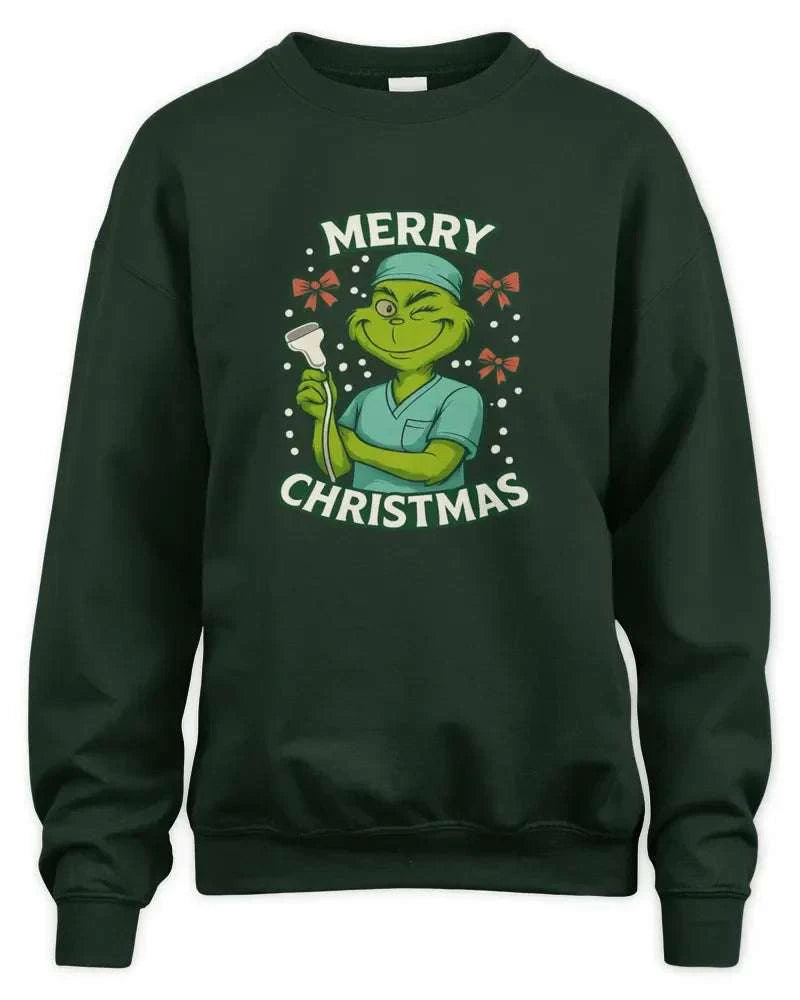 Unisex sweatshirt with Merry Christmas Grinch graphic, soft preshrunk fleece knit, and ribbed cuffs and waistband