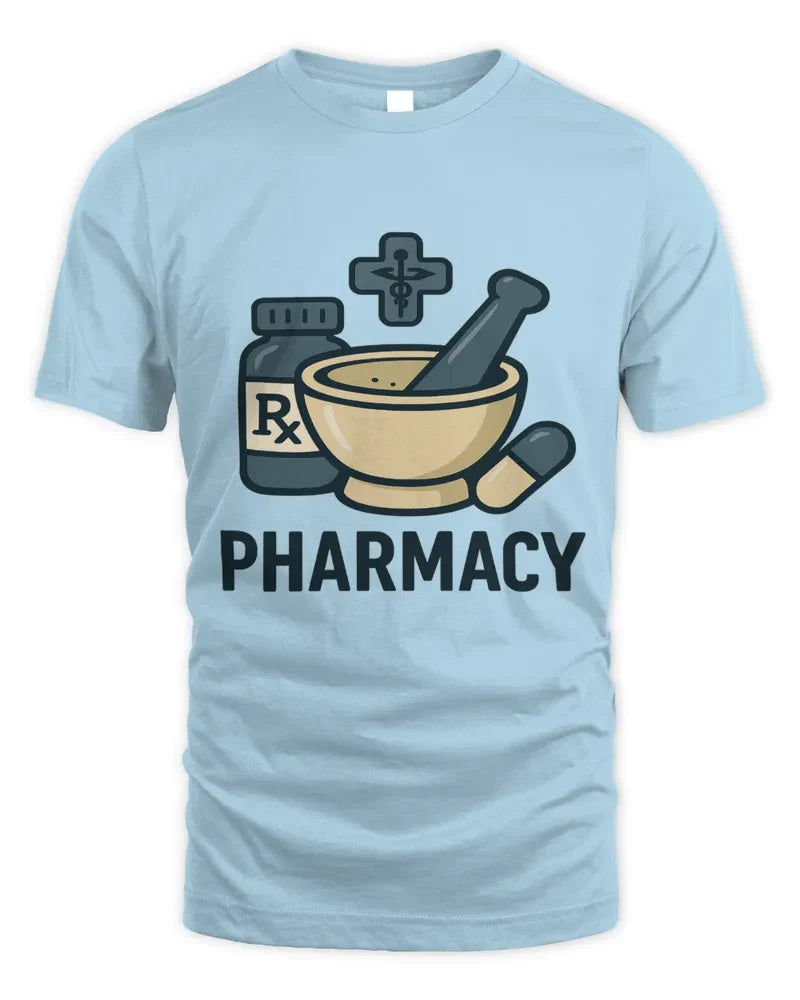 Unisex Standard T-Shirt light blue with pharmacy graphic and preshrunk cotton blend fabric