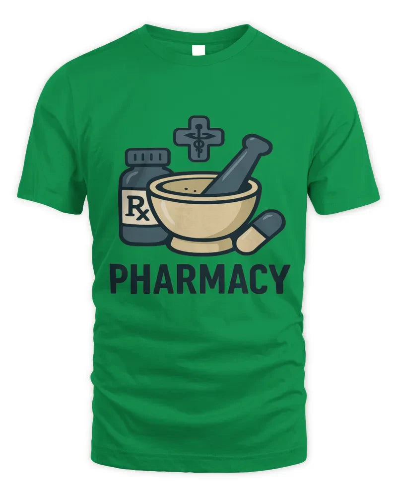 Green unisex standard t-shirt with pharmacy graphic and Rx bottle illustration