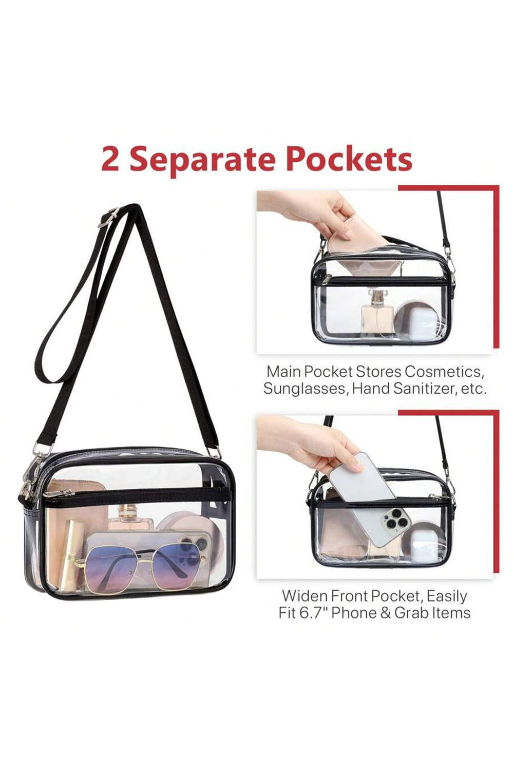 Gray multi-pocket clear shoulder bag with contrast edges and detachable strap