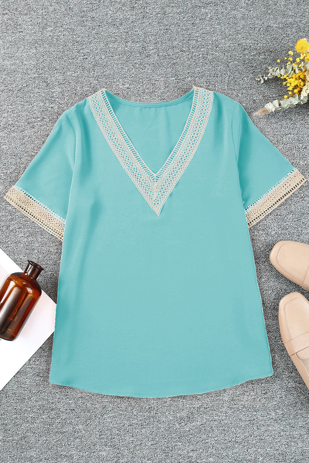 Green lace trim V-neck short sleeve blouse with delicate open-lace details