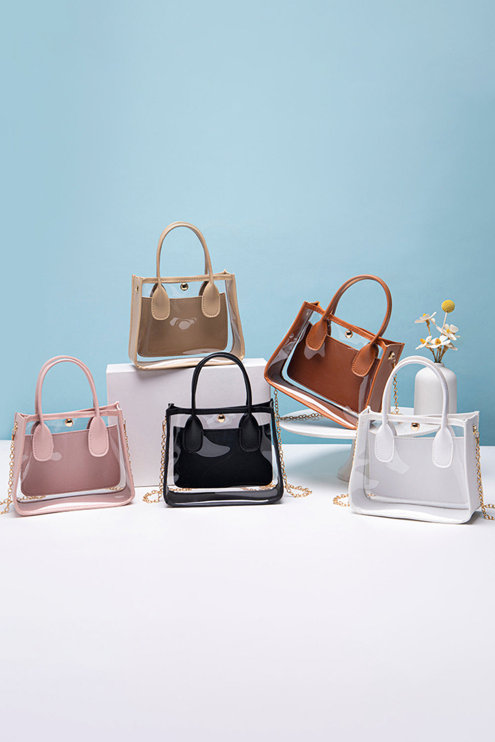 Chestnut PVC PU leather patchwork shoulder bag with chain strap and transparent design