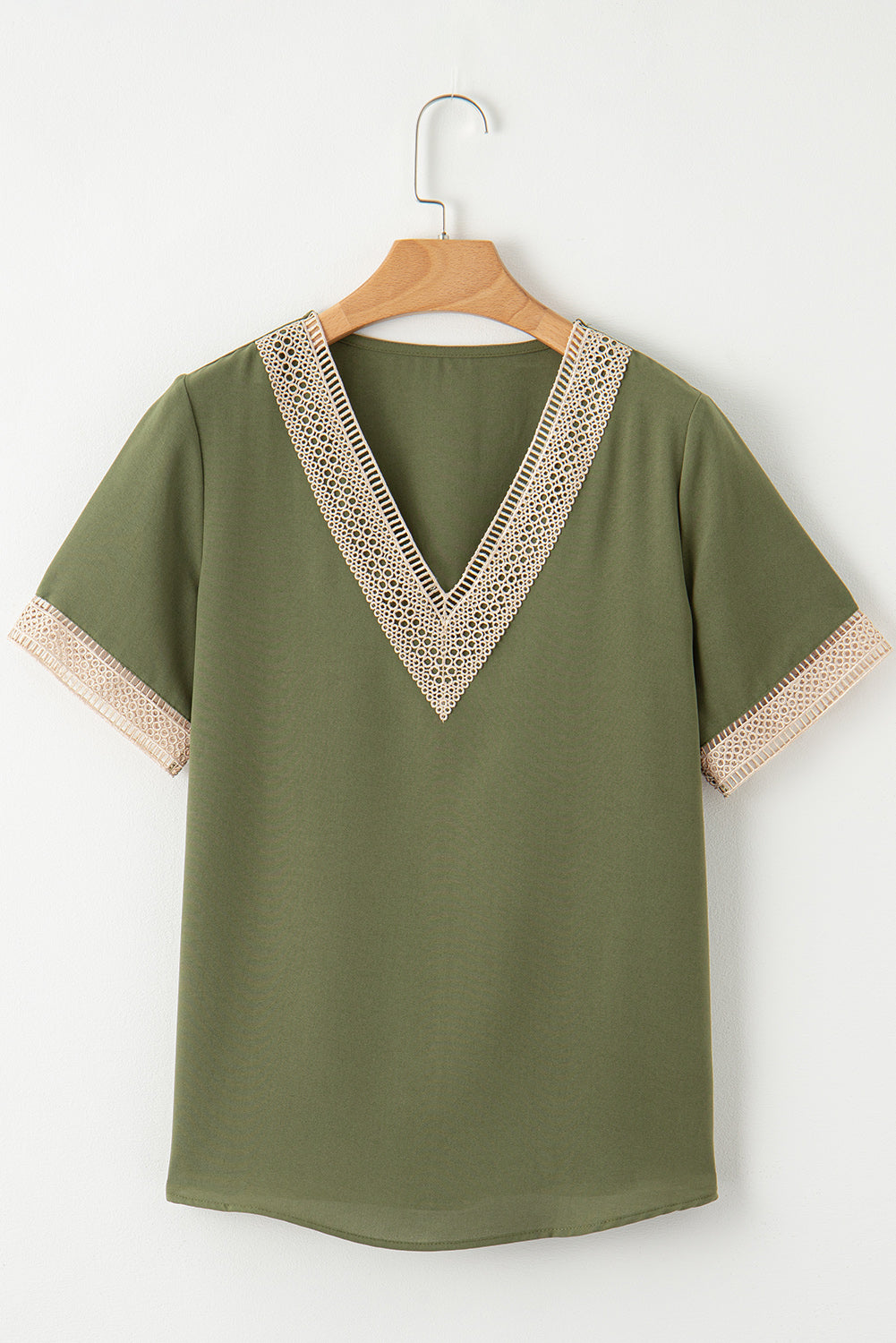 Green lace trim V-neck short sleeve blouse with delicate lace details