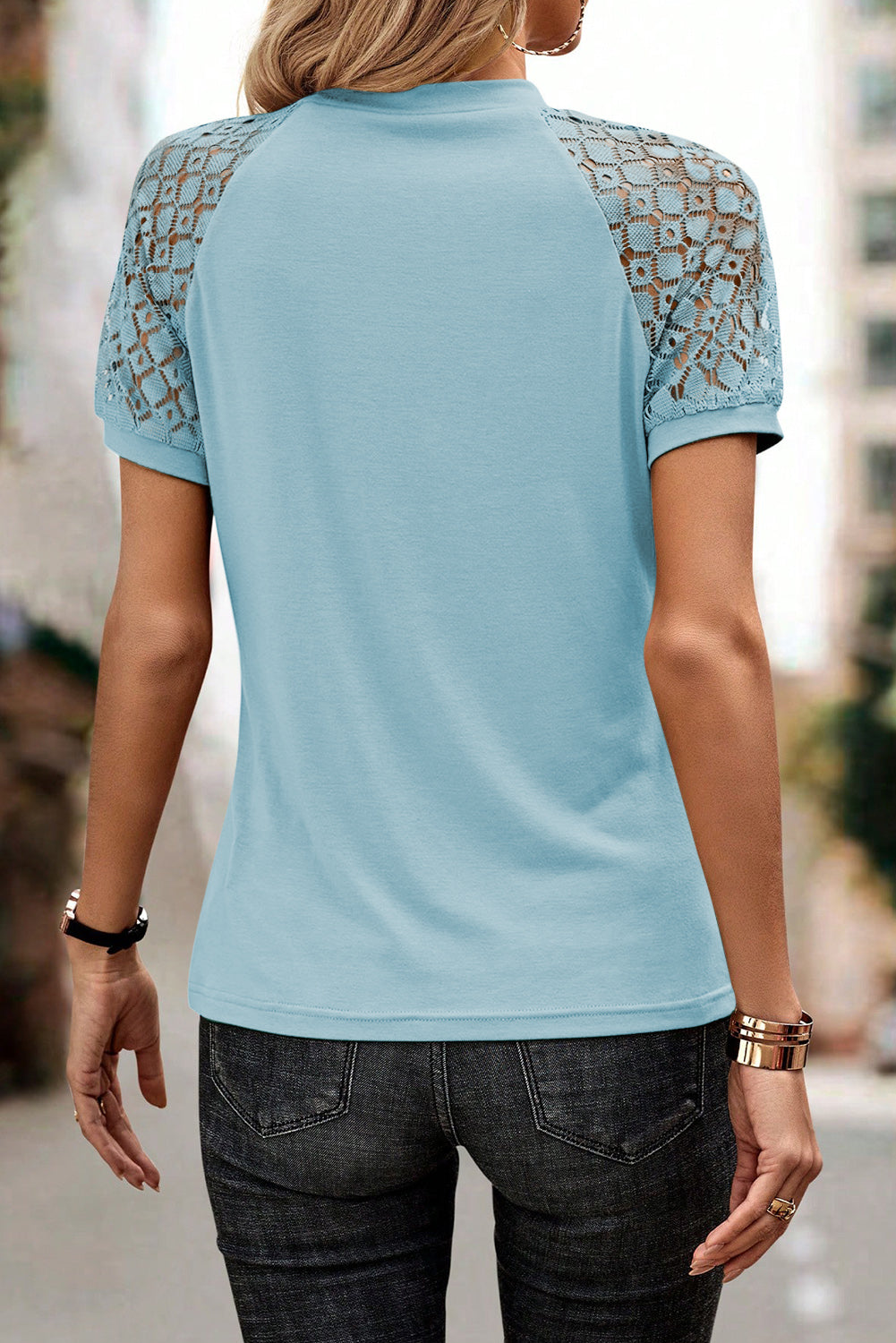 Navy blue tee with seamed detail and contrast lace raglan sleeves