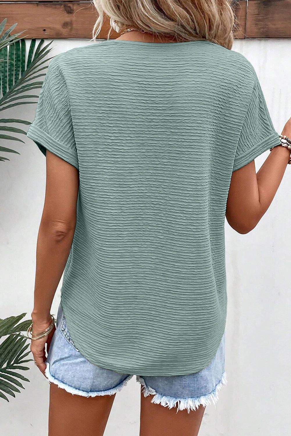 Beau Blue textured wide sleeve V neck T-shirt with relaxed fit and high elasticity