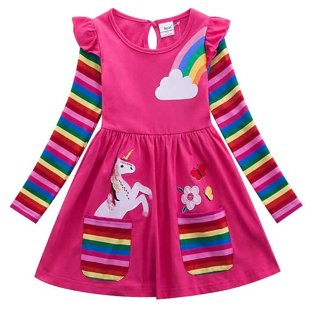 Girls unicorn rainbow dress — soft cotton flower print long sleeve dress for kids ages 3-6
