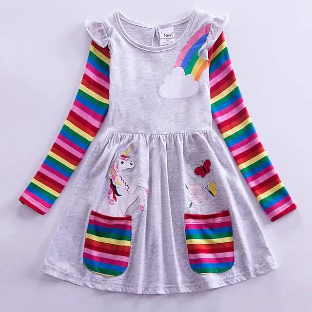 Girls unicorn rainbow dress — soft cotton flower print long sleeve dress for kids ages 3-6