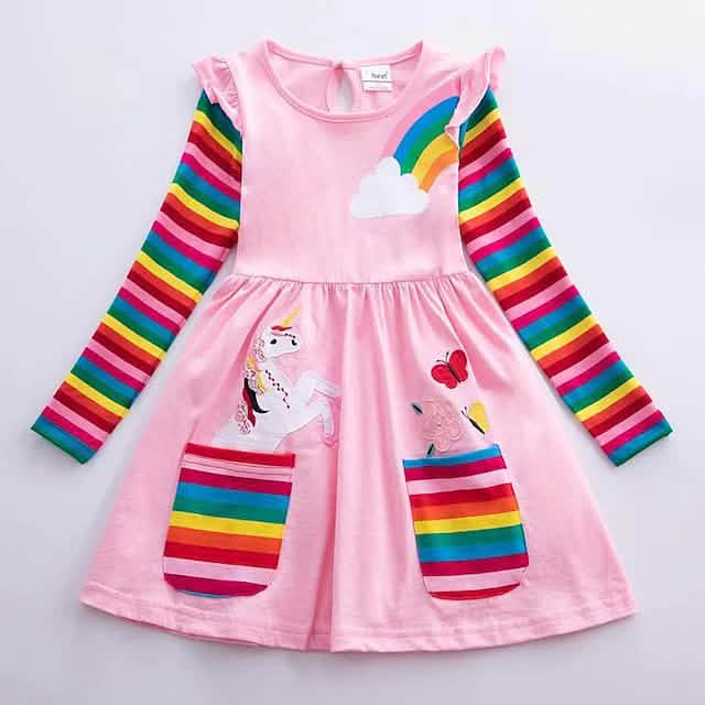 Girls unicorn rainbow dress — soft cotton flower print long sleeve dress for kids ages 3-6