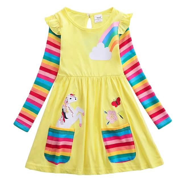 Girls unicorn rainbow dress — soft cotton flower print long sleeve dress for kids ages 3-6