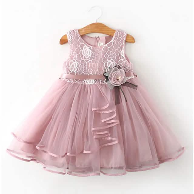 Girls flower swing dress — floral mesh lace overlay sleeveless dress for kids ages 1-6