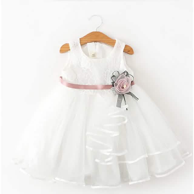 Girls flower swing dress — floral mesh lace overlay sleeveless dress for kids ages 1-6