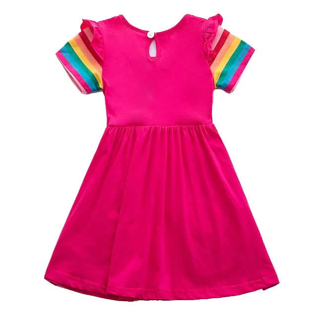 Girls short sleeve dress — soft cotton knee-length dress with rainbow and cartoon embroidery for kids ages 3-6