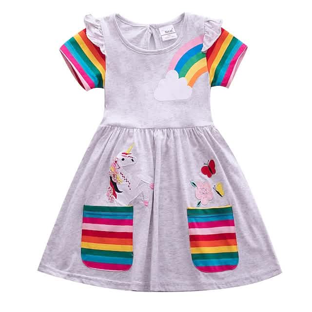 Girls short sleeve dress — soft cotton knee-length dress with rainbow and cartoon embroidery for kids ages 3-6