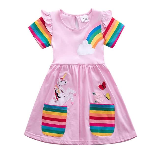 Girls short sleeve dress — soft cotton knee-length dress with rainbow and cartoon embroidery for kids ages 3-6