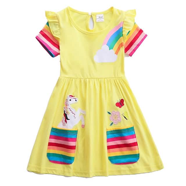Girls short sleeve dress — soft cotton knee-length dress with rainbow and cartoon embroidery for kids ages 3-6